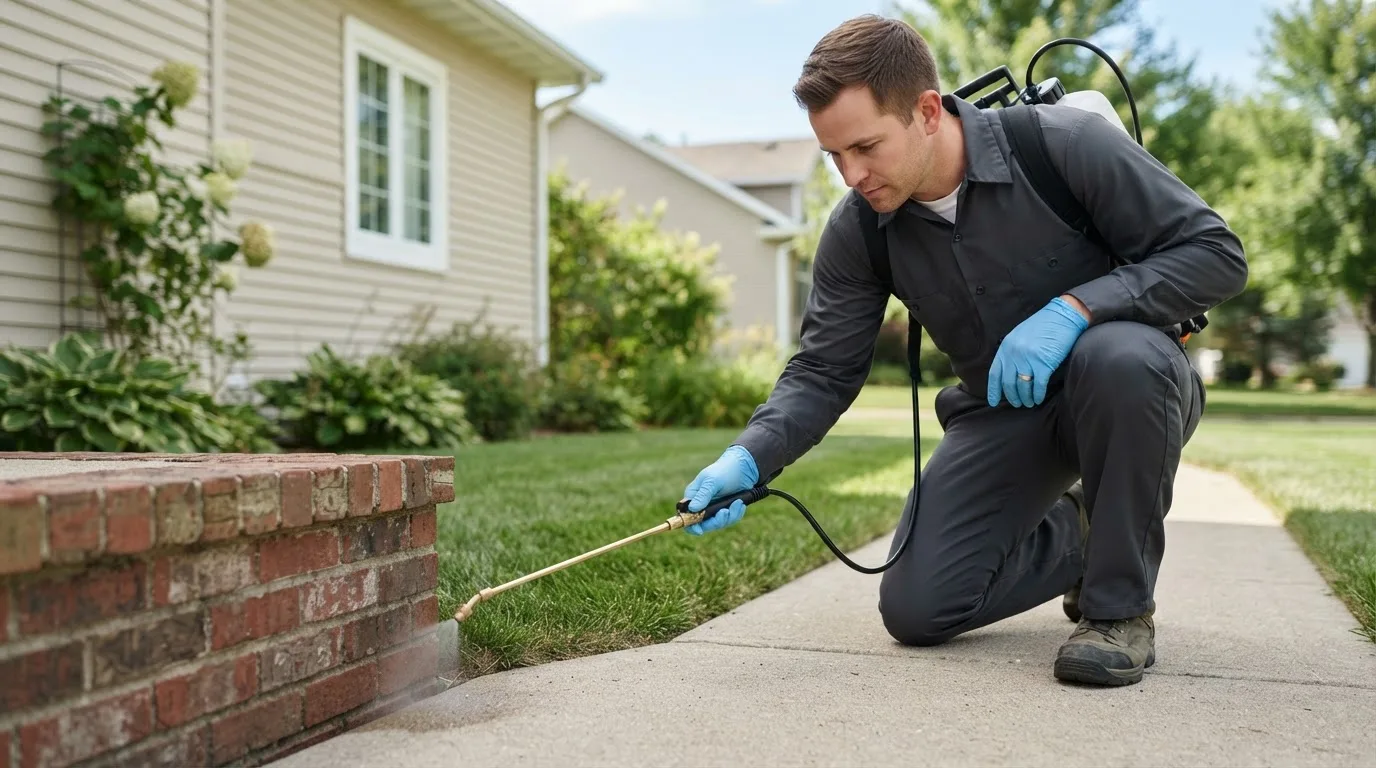 Pest control technician treating a home near Rosholt, WI