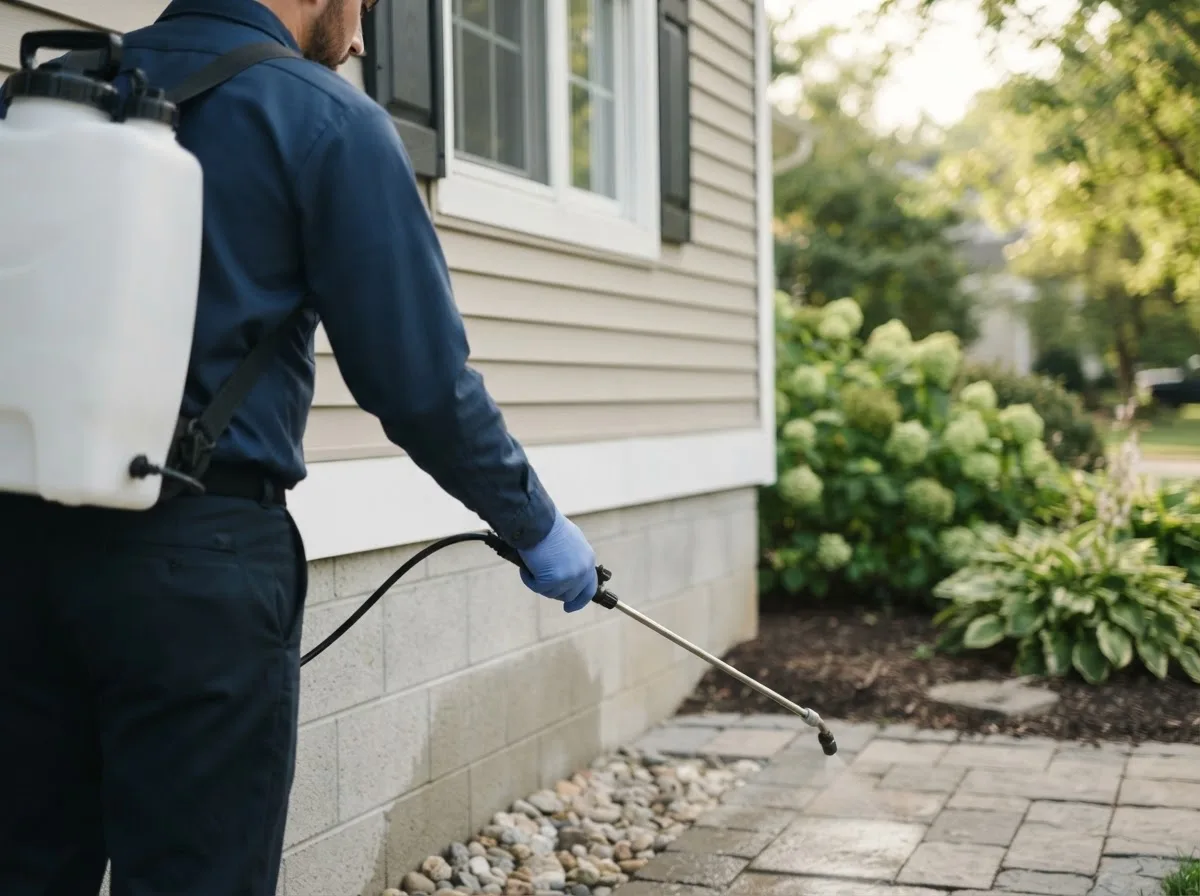 Pest control technician inspecting a home in Rosholt, WI